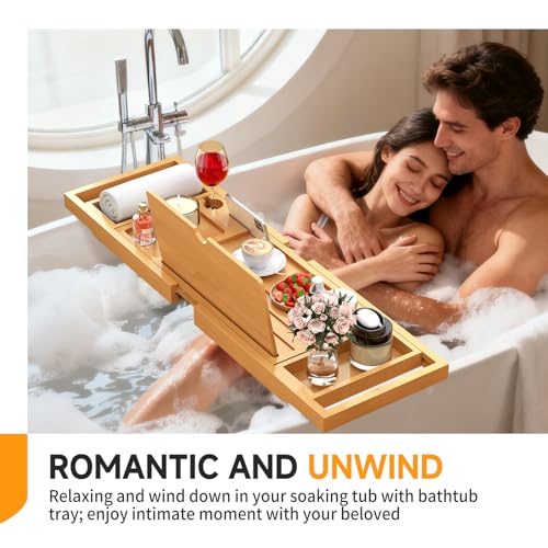 Bamboo Bathtub Caddy Tray with Expandable Sides