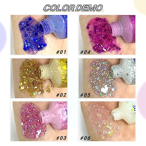 3 Color Face and Body Glitter Gel, Neon Outfit Glow Party for Body Hair Face Nail Glitter Stick Makeup. (01-Blue&02-Gold &06-White Moonbeam)