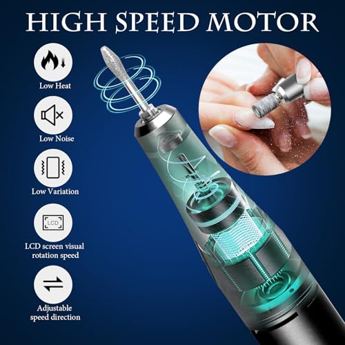 Professional Electric Nail Drill 35000 RPM, Rechargeable Electric Nail File Machine Set, Portable Cordless Electric File, Professional Nail Care Tools, Manicure Pedicure, Home Salon Use (Black)
