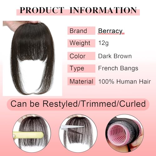 Berracy Bangs Hair Clip in Bangs 100% Real Human Hair Extensions French Bangs Fringe with Temples Flat Neat Fake Thick Hairpieces for Women Daily Wear Dark Brown