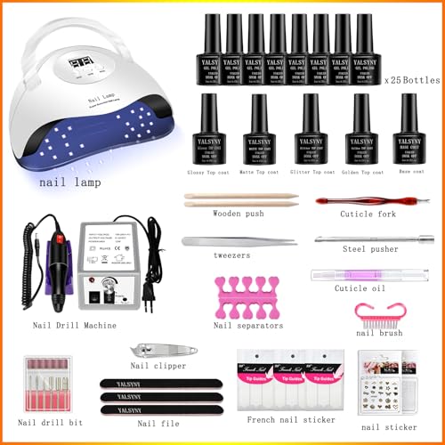 Gel Nail Polish Kit with UV LED Light Lamp & Electric Nail Drill - 25 Colors