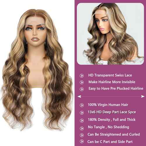 Balayage Honey Blonde Highlights Wig Human Hair, Body Wave 13x6 Lace Front Wigs Human Hair, 22 Inch Ombre Brown Balayage Caramel Blonde Highlights Glueless Lace Frontal Wigs Human Hair Pre Plucked