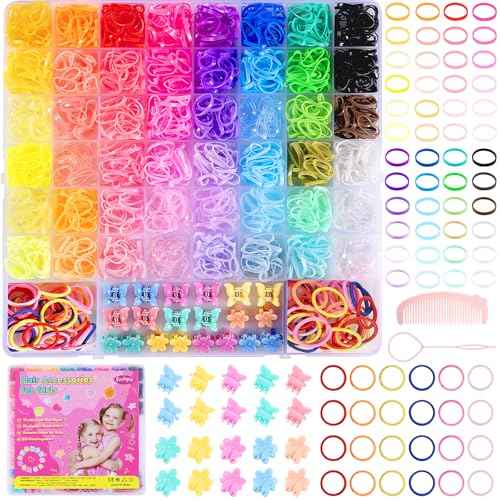Rubber Bands for Hair, 46 Colors Baby Hair Ties, 2100pcs Colorful Hair Accessories for Girls, Funtopia Small Elastic Hair Ties with Mini Hair Claws Hair Clips for Girls Baby Toddlers Kids