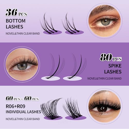 DIY Lash Extension Kit Lash Clusters With Bottom Lashes Volume/Wispy Clusters12-18mm Multi-types Individual Lashes Bond and Seal, Spike, Volume Lashes Kit Lash Applicator(Volume/Wispy Kit)