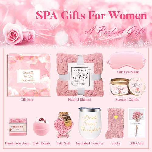Gifts for Women Self Care Gifts Get Well Soon Gifts, Rose Relaxation Spa Gift Basket Sets with Luxury Flannel Blanket, Unique Mothers Day Mom Gifts Basket for Mom Wife Grandma Sister Friend