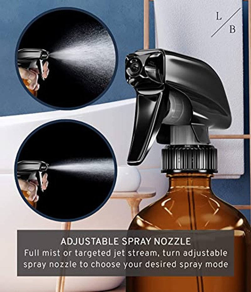 LiBa 16oz Amber Glass Spray Bottles - 2 Pack with Adjustable Nozzle