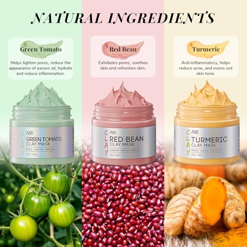 ANAI RUI 3 Pcs Pore Cleansing Face Mask Set Green Tomato Clay Mask - Turmeric Vitamin C Facial Mask Red Bean Refreshing Pore Mask, Relaxing Spa Gift Set Self Care for Women/Teens Girls 2.5 oz each