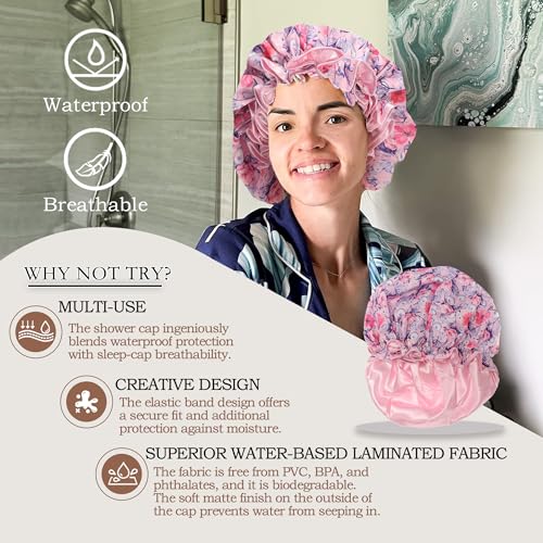 Luxury Shower Cap for Women Reusable Waterproof, 2 PCS Extra Large Double Layered Shower Caps for Long Hair with Adjustable Elastic Strap, Large Satin Lined Shower Bath Cap for All Hair Lengths