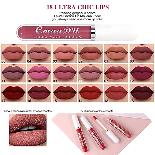 18 colors Matte Velvety Liquid Lipstick Set, Long Lasting Lip Stain Waterproof Non-Stick Cup Liquid Lipgloss Set, High Pigmented Velvet Lip Gloss Kit