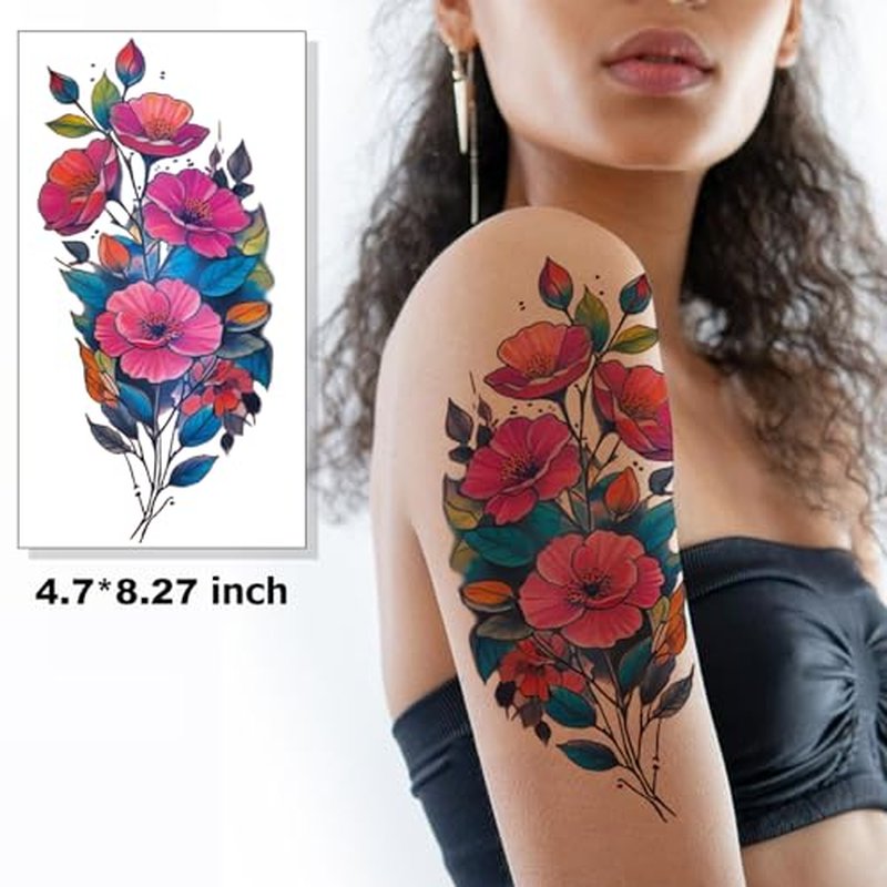 Tazimi Realistic Watercolor Flower Temporary Tattoos Half Arm Lion Flower Fake Tattoos for Women Girls Adults Waterproof Long Lasting Colourful Sexy Tattoos Stickers