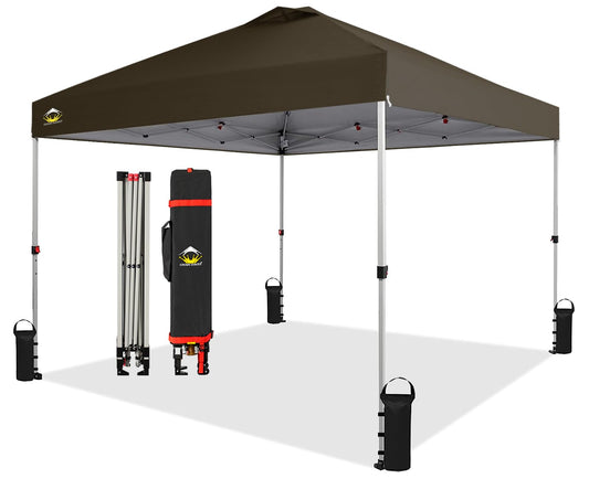 Crown Shades 10x10 Pop up Canopy Outside Canopy, Patented One Push Tent Canopy with Wheeled Carry Bag, Bonus 8 Stakes and 4 Ropes, Coffee