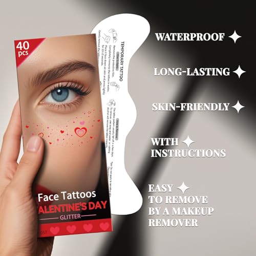 Cerlaza Valentine's Day Temporary Tattoos, 40 Pcs Glitter Heart Stickers
