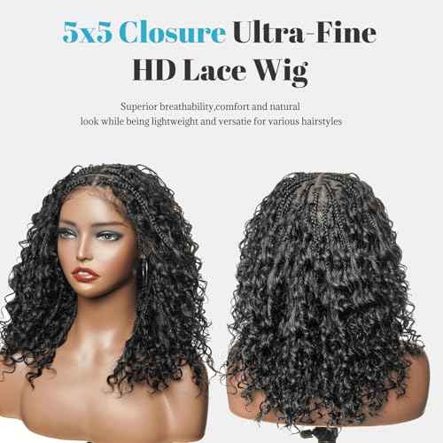 Knotless Boho Box Braided Wigs for Black Women 10 Inch Glueless Double 5x5 HD Lace Front Curly Human Hair 200% Density Short Boho Box Braided Bob Wigs Bohemian Knotless Braid Wigs with Baby Hair