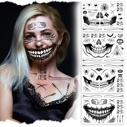 Skull & Creepy-Mouth Temporary Tattoo Stickers, 4-Pack