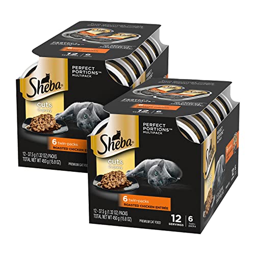 SHEBA PERFECT PORTIONS Cuts in Gravy Wet Cat Food Trays (12 Count, 24 Servings), Roasted Chicken Entrée, Easy Peel Twin-Pack Trays