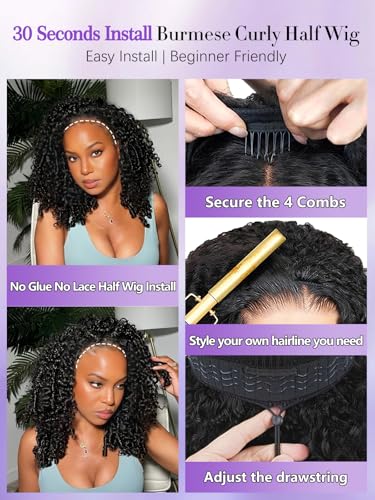 Burmese Curly Half Wig Human Hair 18" 180% Density Glueless