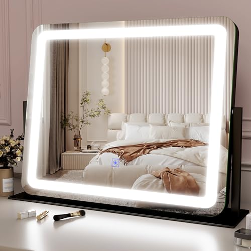ROLOVE 22x17 Inch Lighted Vanity Mirror with Dimmable LED Lights - 3 Color Modes, Smart Touch Control & 360¡Æ Rotating Base - Desk Makeup Mirror (Black)