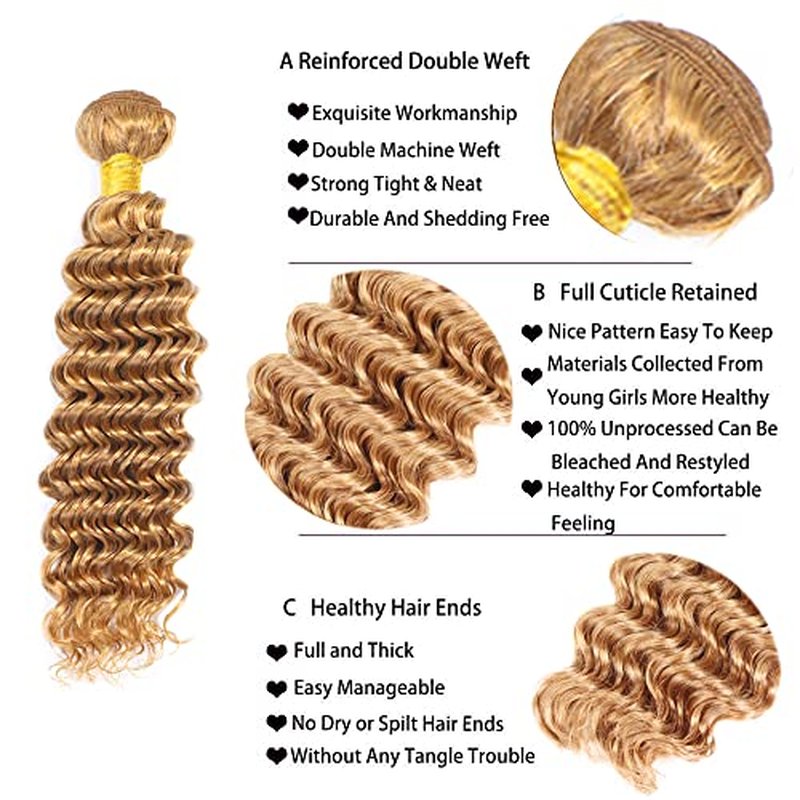 #27 Honey Blonde Deep Wave Human Hair Bundles 26 Inch