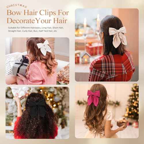 6Pcs Hair Bows for Women, Bow Hair Clips, Silky Satin Hair Bows for Girls, Pink Hair Ribbon, Cute Bow Clips for Women, Hair Accessories Chirstmas Gifts