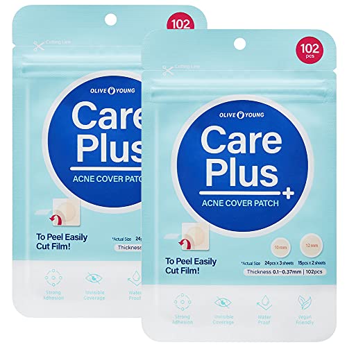 OLIVE YOUNG Care Plus Spot Patch 2 Pack | Hydrocolloid Acne Korean Spot Patch to Cover Zits, Pimples and Blemishes, for Troubled Skin and Face (204 Count - 10mm*144ea + 12mm*60ea)