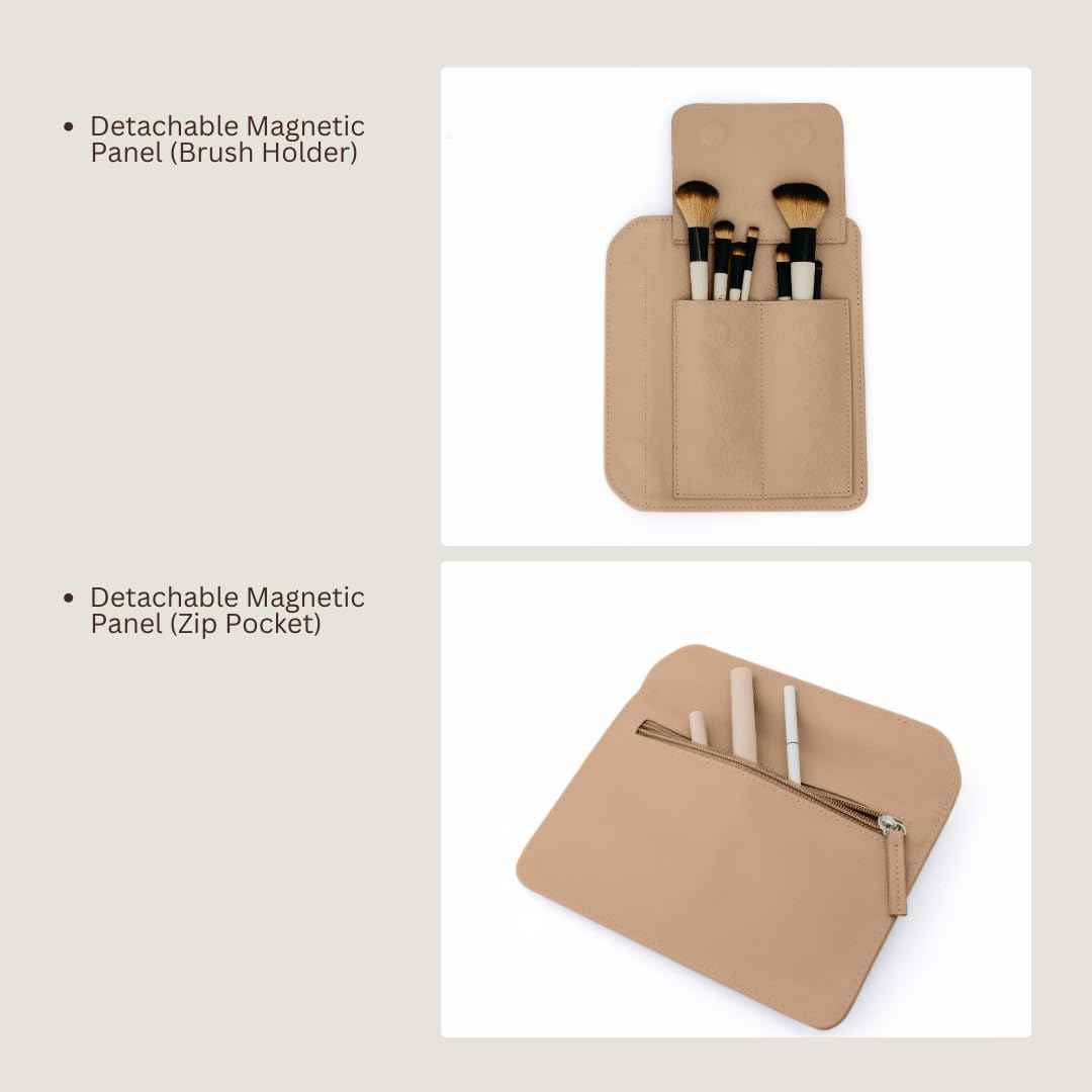 MELINE Leather Makeup Bag with Brush Holder,Travel Cosmetic Case for Women,Large Capacity Waterproof Toiletry Bag with Handle,Stylish and Durable Makeup Organizer (Khaki Brown)