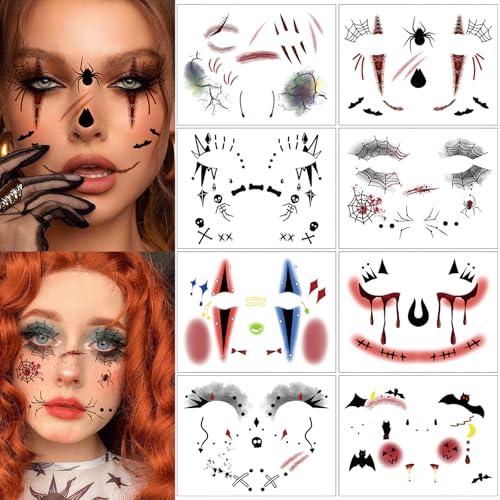 8 Sheets Halloween Eyeshadow Face Eye Makeup Tattoo Stickers Spider Web Horror Temporary Tattoos for Halloween Carnival Party Decoration
