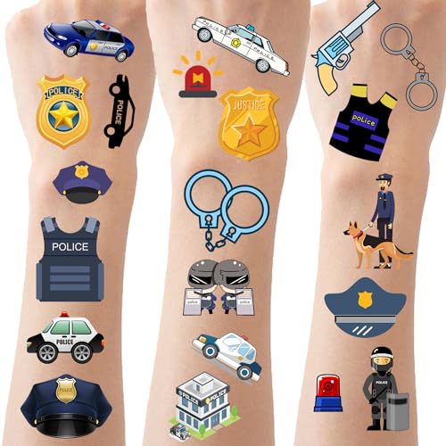 CupaPlay 300+PCS Police Car Tattoos Temporary Stickers Party Supplies Decorations Birthday Party Favors Goodie Bag Stuffers Favors Prize(24 Sheets)