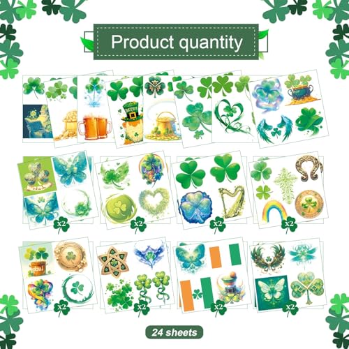 24 Sheets St Patricks Day Glitter Shamrock Tattoos, Irish Themed Saint Patricks Day Accessories with Green Clover, St Patricks Day Temporary Tattoos for St Patricks Day Party Favors Decorations Parade