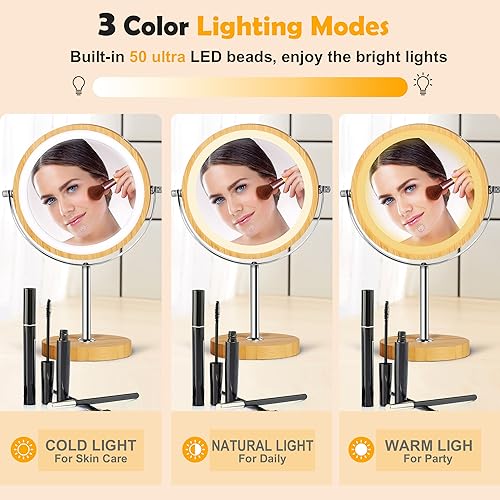 8" Lighted Makeup Mirror with Bamboo Stand, 1X/10X Double Sided Magnifying Vanity Mirror with Lights, 3 Colors Dimmable Lightning, Gifts for Women Mom Teen Girls