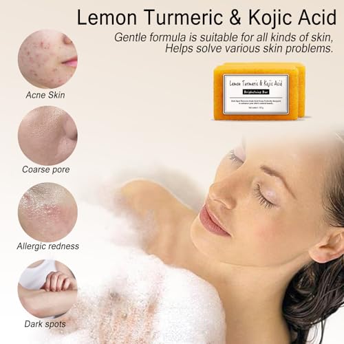 2PCS Lemon Turmeric Kojic Soap,Turmeric Soap Bar,Natural Gentle Cleanser for Face and Body,Natural Handmade So ap for Men, Women