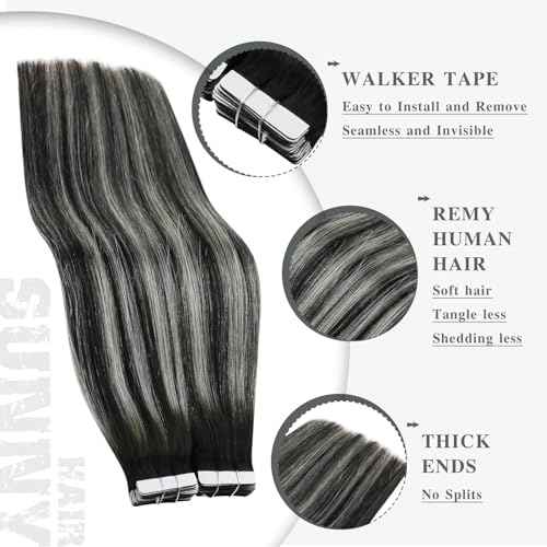 Ve Sunny Tape in Hair Extensions Real Human Hair Invisible Remy Human Hair Straight Tape Ins Double Sided Ombre Natural Black Root to Sliver Grey 24 inch 10Pcs 25G