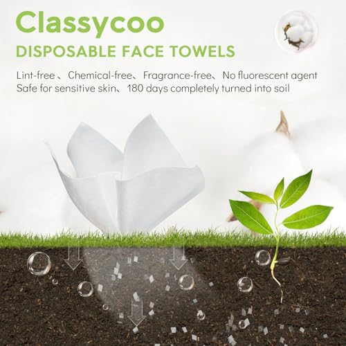 Classycoo XL Disposable Face Towel, 100% Cotton Ultra-Soft for Sensitive-Skin, Odor-Free,Facial Cleansing Wipes Makeup Remover Cloths for Travel, Home Hand Dry Wipe(12 x 10 Inch, 50 Count)
