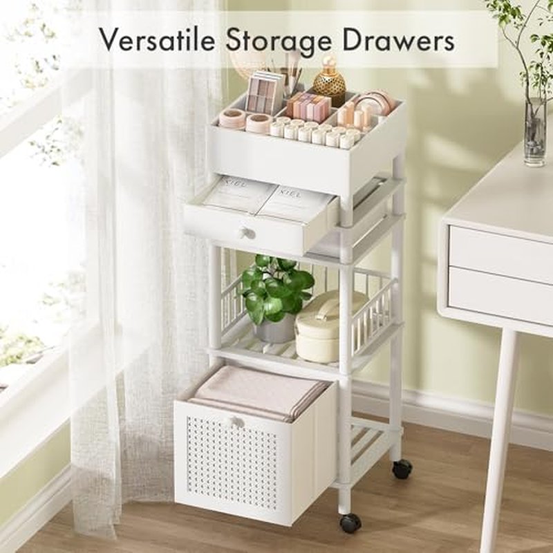 Bamboo Makeup Organizer Cart with 3 Drawers - Rolling Vanity Storage