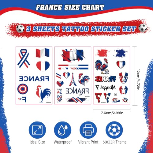 France Flag Temporary Tattoos, 3-Sheet Waterproof Set