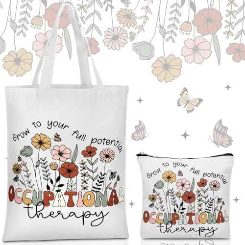 2 Pcs Christmas Occupational Therapy Gifts Boho Style OT Tote Bag with Makeup Bag Occupational Therapist Appreciation Gift Thank You Christmas Birthday Present for Women OT