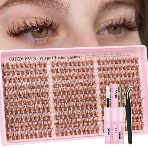 Goddvenus E-brown Clusters Natural Wispy Eyelash Extensions Kit 300Pcs Light Brown 10-16mm