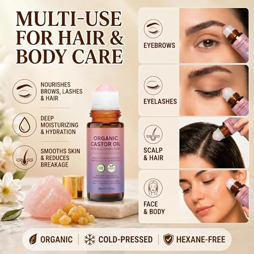 Organic Castor Oil Roll-On with Rose Quartz Roller - 1.7 fl oz