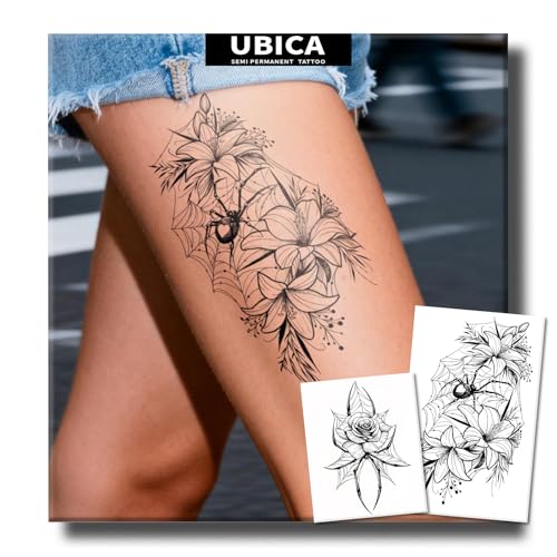 Semi Permanent Tattoo, 2 Sheets Realistic Large Sexy Flower Temporary Tattoos for Women, Lasts 2 Weeks Fake Tattoos for Thigh Adult, Waterproof Non-Reflective Tattoos (Spider Web Lily Floral)