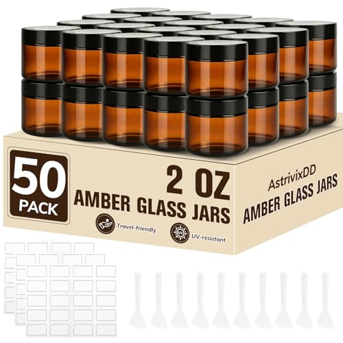 Amber Glass Jars with Lids 50 Pcs 2 oz - UV-Blocking, Leak-Proof with Labels & Spatulas (AstrivixDD)