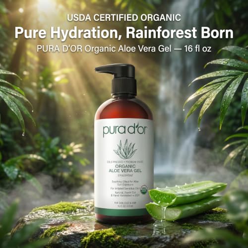 PURA D'OR Organic Aloe Vera Gel 16 oz - USDA Certified
