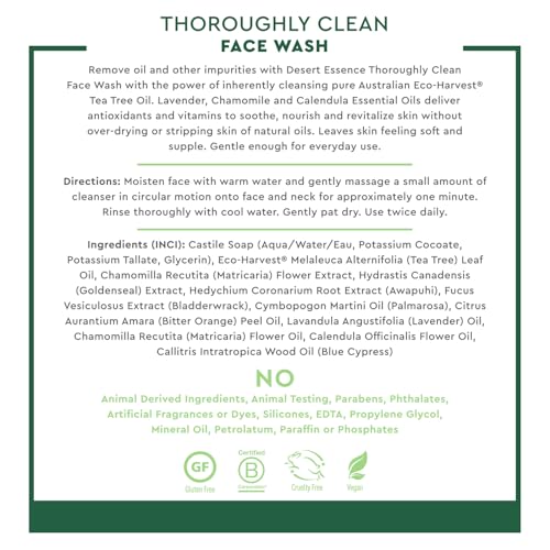 Desert Essence Thoroughly Clean Face Wash with Tea Tree Oil ? Natural Facial Cleanser with Castile Soap & Coconut Oil ? For Oily & Sensitive Skin ? Vegan & Cruelty-Free (8.5 Fl Oz)