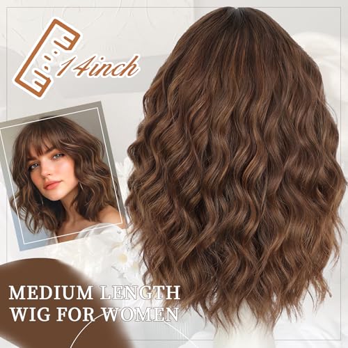 Brown Highlight Bob Wig with Bangs - Wavy Curly Short Hair