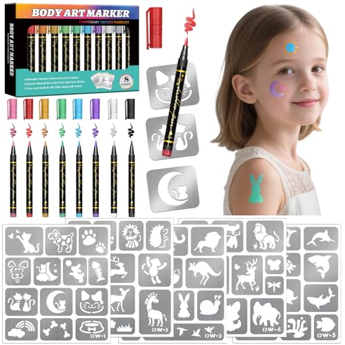 Temporary Tattoo Markers for Kids – 8 Metallic Pens & 135+ Stencils
