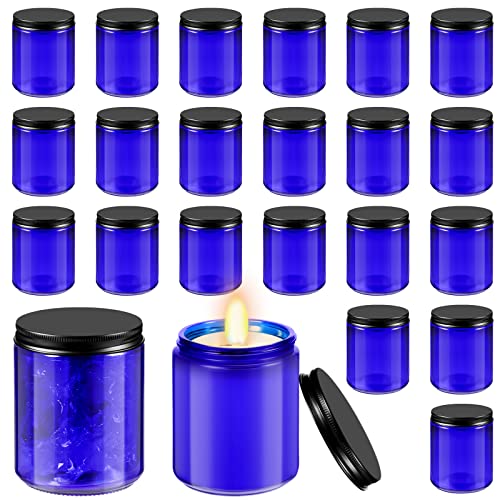 Lallisa 32 Pcs 8 oz Cobalt Blue Glass Jars with Black Metal Lids Round Small Cosmetic Jars Round Glass Containers for Apothecary Body Butter Herbs Spice and Food Storage