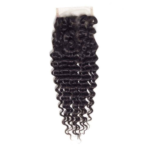 Brazilian Virgin Human Hair Deep Wave Lace Closure 4x4 Free Part 100% Unprocessed Deep Curly Transparent Lace Closure Natural Black color (14Inch)