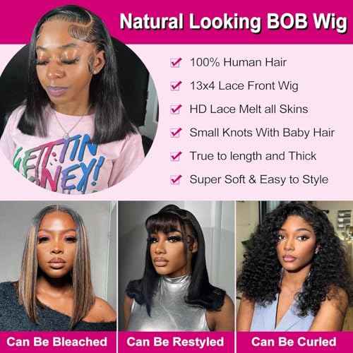 Hihmarm Lace Front Wigs Human Hair 13x4 HD Lace Front Wig Glueless Wigs Human Hair Pre Plucked Short Straight Bob Lace Front Wigs Human Hair For Black Women Nature Hairline 180% Density 12 Inch