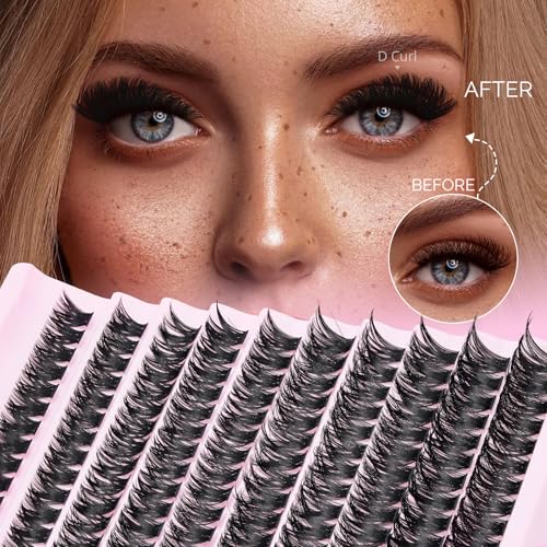 Lash Clusters Kit 3D Effect Volume Lashes Clusters Kit Wispy Cluster Eyelash Extensions D Curl Eyelash Clusters Kit Pesta?as Postizas Naturales+Bond&Seal,Remover,Tweezers,Brush(150D+200D+Spike Kit)