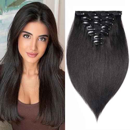 16" Clip in Human Hair Extensions Full Head 130g 7 Pieces 16 Clips 1B# Natural Black Double Weft Brazilian Real Remy Hair Extensions Thick Silky Straight (16", Natural Black)