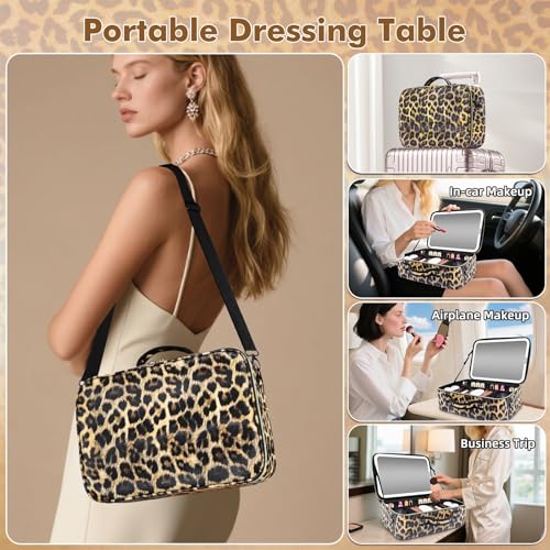 Large Travel Makeup Bag with LED Detachable Mirror - Leopard, Extra Large, Waterproof