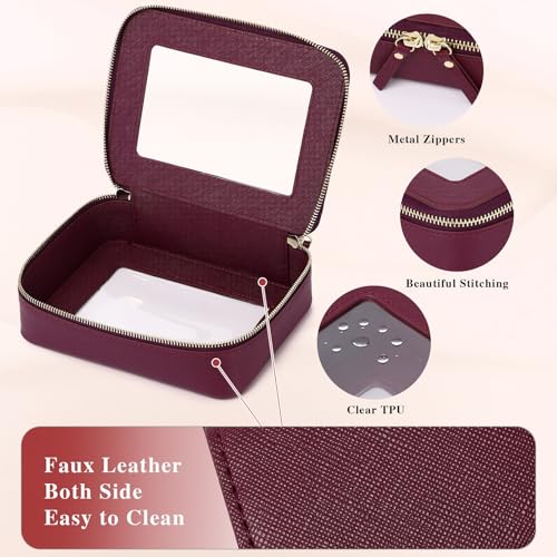 Clear Makeup Bag Set Travel Cosmetic Bag and Toiletry Bag Women's Purse Pouch Cosmetic Stroage Organizer Case with Zipper Car Essentials (Burgundy, M+Mini)